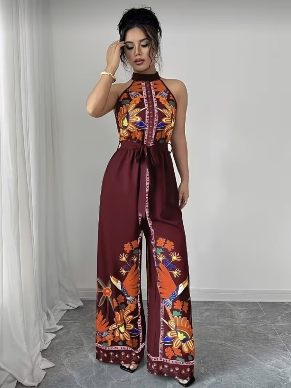 Burgundy Floral Bird Print Halter Wide-Leg Jumpsuit NWT